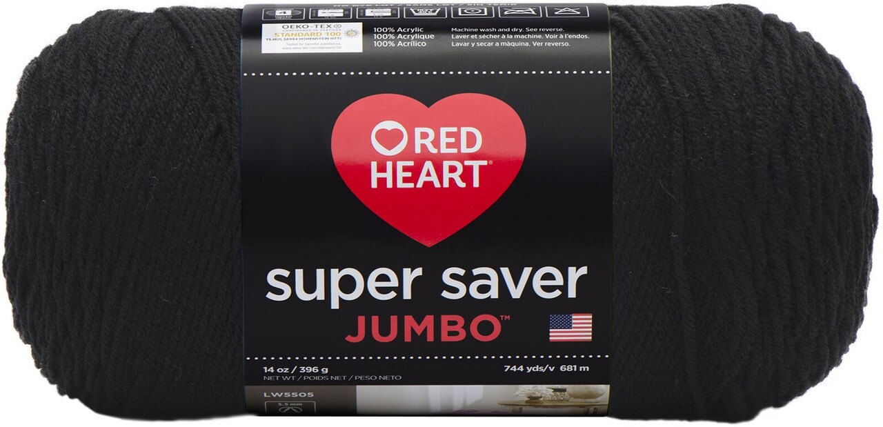 Red Heart Super Saver Jumbo Black Yarn - 2 Pack of 396g/14oz - Acrylic - 4  Medium (Worsted) - 744 Yards - Knitting/Crochet